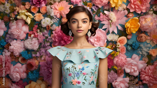 chica latina con Estilo Primaveral Vibrante: Latina con Moda Mexicana con un fondo floreado en colores pastel rodeada de flores primaverales