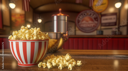 Pot de popcorn, salé ou sucré au cinéma. Stand de snack, popcorn. Friandises, desserts. Pour conception ou création graphique