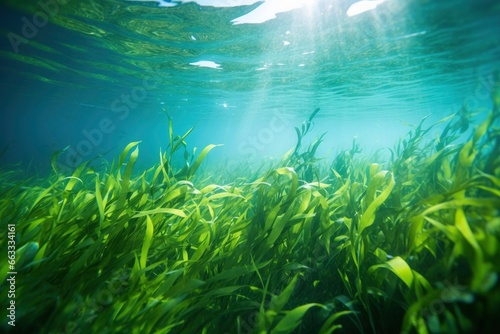 Underwater view of a group of seabed with green seagrass.