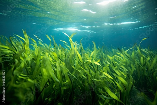 Underwater view of a group of seabed with green seagrass. © Md