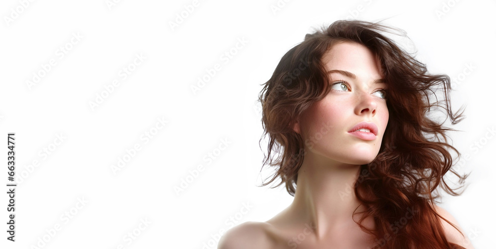 Young beautiful women with dark curly hair and soft healthy skin on white background.Macro.AI Generative. Young beautiful women with dark curly hair and soft healthy skin on white background.Macro.AI Generative.