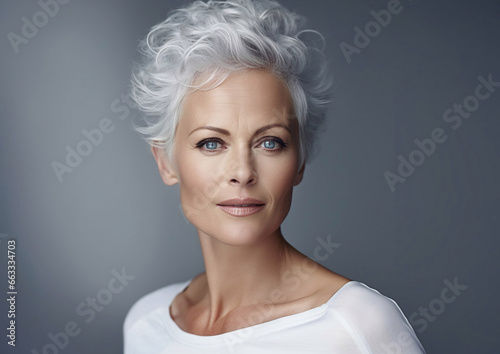 Middle age short blonde hair natural beauty woman on grey background.Love your age concept.Macro.AI Generative.