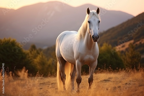 White horse or mare in the mountains at sunset. © Md