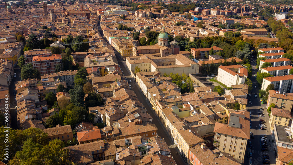Aerial view of the Cloisters of San Pietro which are part of an important monastic complex, located in the historic center of Reggio Emilia, Italy. Aerial view of the Cloisters of San Pietro which are part of an important monastic complex, located in the historic center of Reggio Emilia, Italy.