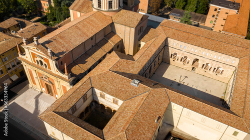 Aerial view of the Cloisters of San Pietro which are part of an important monastic complex, located in the historic center of Reggio Emilia, Italy.