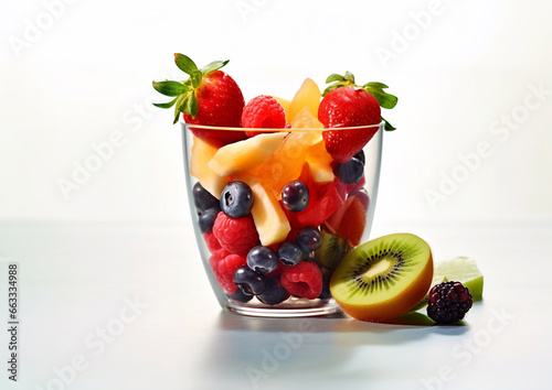 Glass with strawberry blueberry mango  papaya and melon on white background.Macro.AI Generative.