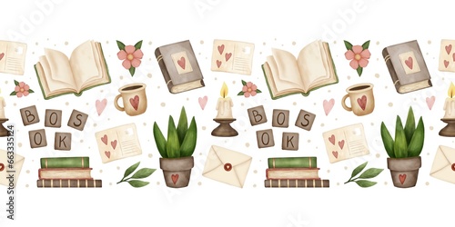 Reading lovers cute hand drawn seamless border. Books and cozy things photo