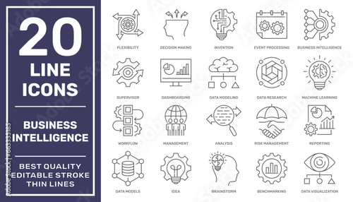 Set of business Intelligence icons, such as machine learning, data modeling, visualization, risk management and more. Editable stroke. EPS 10