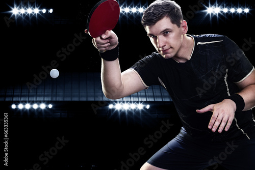 Table tennis player on the black background. Ping pong banner. Download a photo of a table tennis player for a tenis racket packaging design. Image for tennis ball box template.