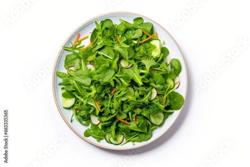 Healthy fresh green salad plate shot from above on white background.