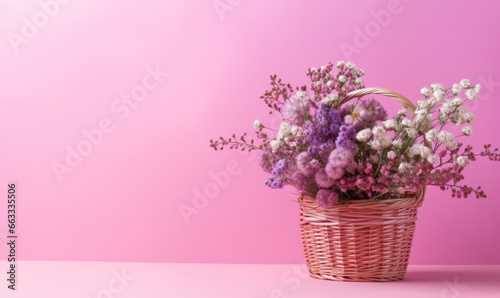 Colorful floral arrangement in a woven basket on a pink surface.