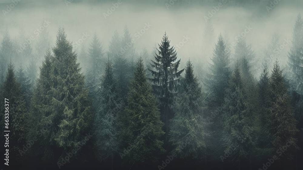 landscape coniferous forest in autumn fog, view of fir trees and pines in the silence and tranquility of wild northern nature background