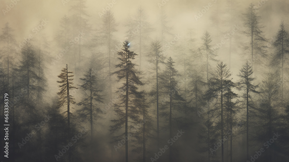 landscape coniferous forest in autumn fog, view of fir trees and pines in the silence and tranquility of wild northern nature background landscape coniferous forest in autumn fog, view of fir trees and pines in the silence and tranquility of wild northern nature background