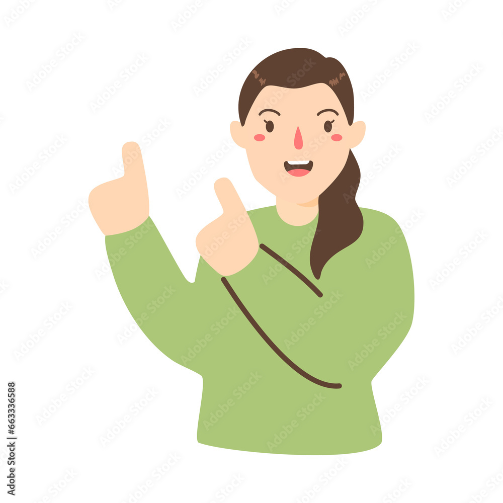 smiling woman pointing with her finger up smiling woman pointing with her finger up