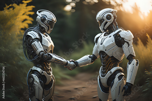 Two AI humanoid robots shaking hands