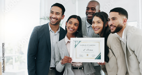 Fotografía Business people, woman and certificate in office, presentation or teamwork for performance, goal or success