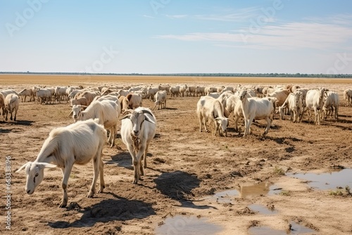 a herd of goats under the hot sun  grazing on dry  cracked ground. Drought. Global warming