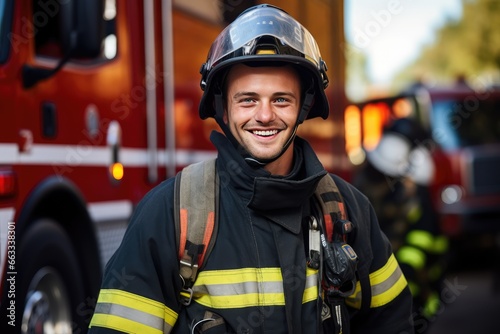 Photograph of a cheerful firefighter wearing a gas mask and helmet standing beside a fire engine. photo