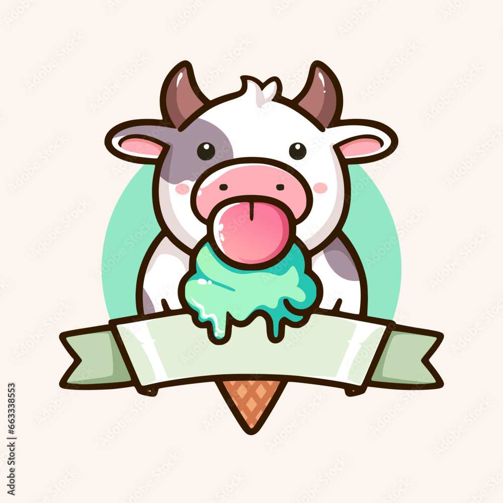 Fototapeta premium Ice cream logo vector. Cute cow licking and ice cream. full color.