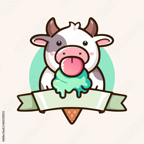 Ice cream logo vector. Cute cow licking and ice cream. full color.