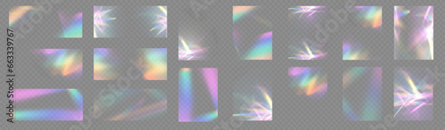 Crystal rays of light, prism refraction, lens flare, crystal glass reflection effect. Prism vector, realistic light leak effect with spectral flare. Bright light banner, poster, template.
