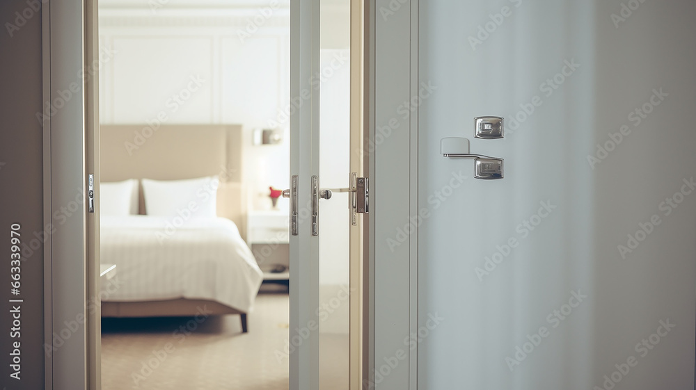 the slightly open white door to the hotel room - obrazy, fototapety, plakaty 