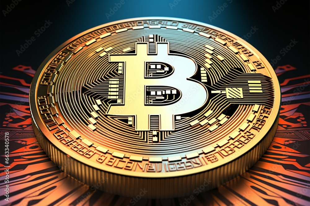 A large, circular Bitcoin cryptocurrency coin shines on a textured background A large, circular Bitcoin cryptocurrency coin shines on a textured background