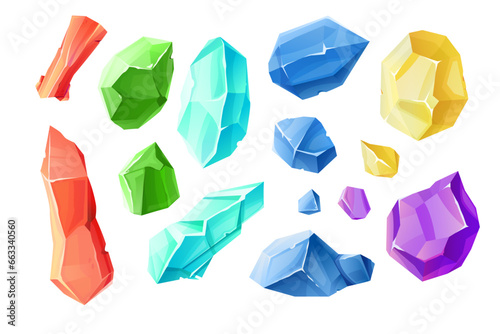 Cartoon crystal gems, mineral stones, jewel rocks on a white background.