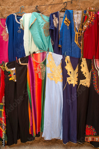 Moroccan traditional colorful woman dress in market