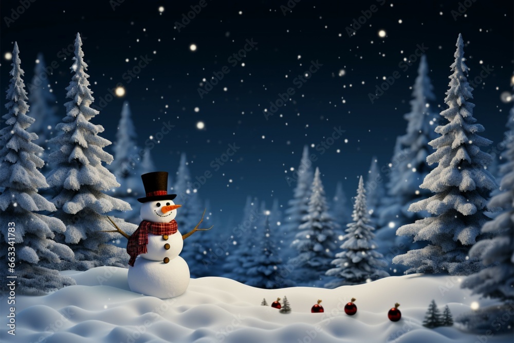 Obraz premium A snowy scene with a snowman and pines in falling snow