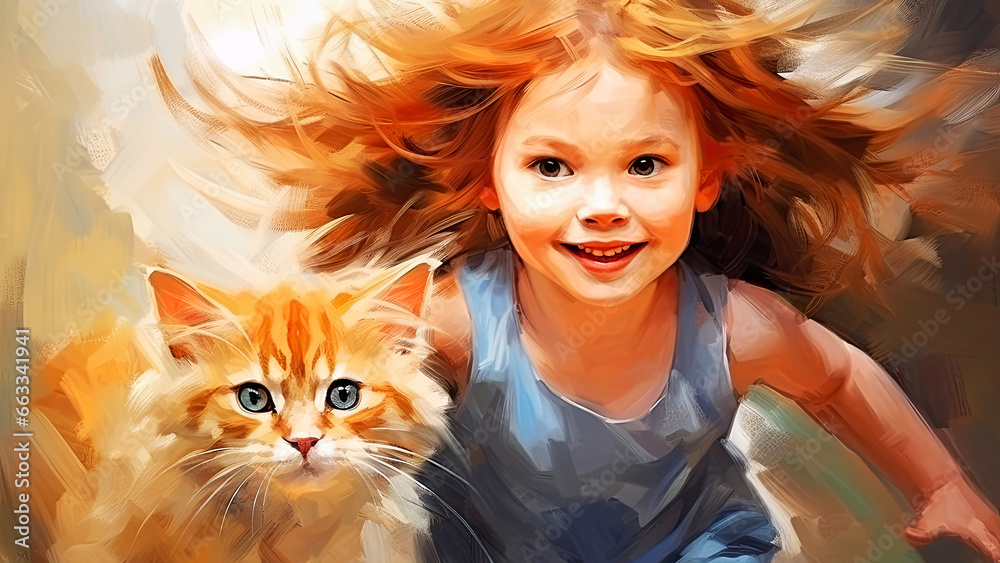 Cute smiling redhead little girl run with cat. Happy child and kitten. Cute smiling redhead little girl run with cat. Happy child and kitten.