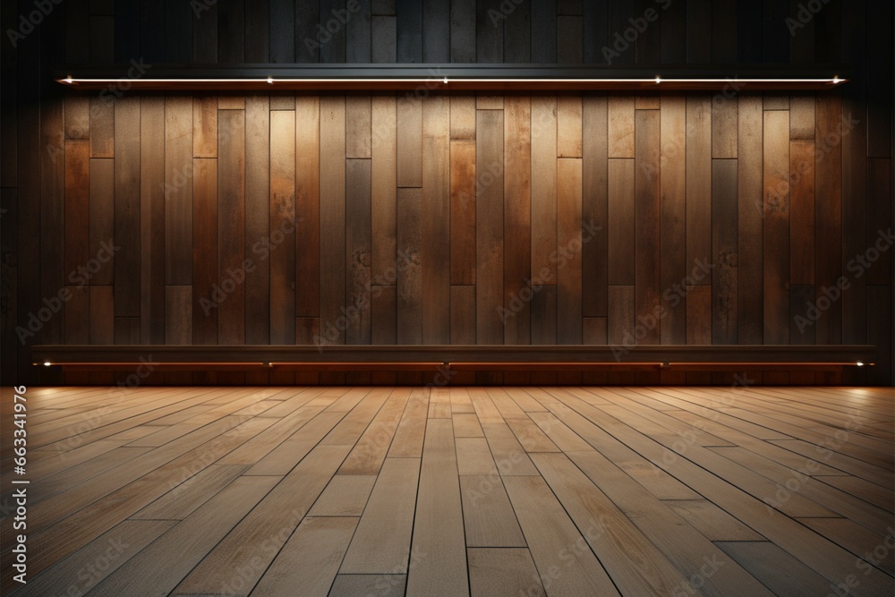 A stage like setting with wooden floor, wall, and product display - obrazy, fototapety, plakaty 