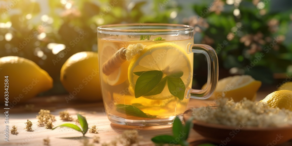 a glass of lemon tea combined with green leaves and lemon. generative AI