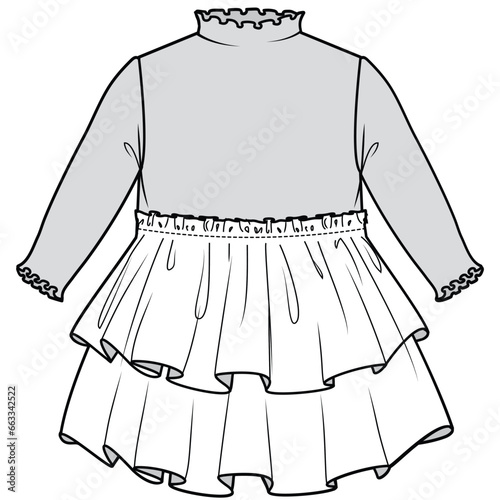 baby girls long sleeve mock neck tulle dress flat sketch vector illustration technical cad drawing template