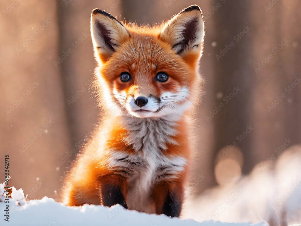 Obraz premium Small cute red fox on the snow at sunset. Generative Ai