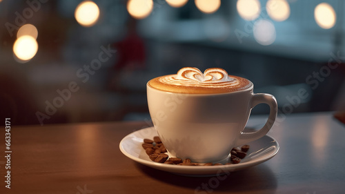 love for Viennese coffee  the shape of a heart in a cup of hot drink in a restaurant on a blurry background