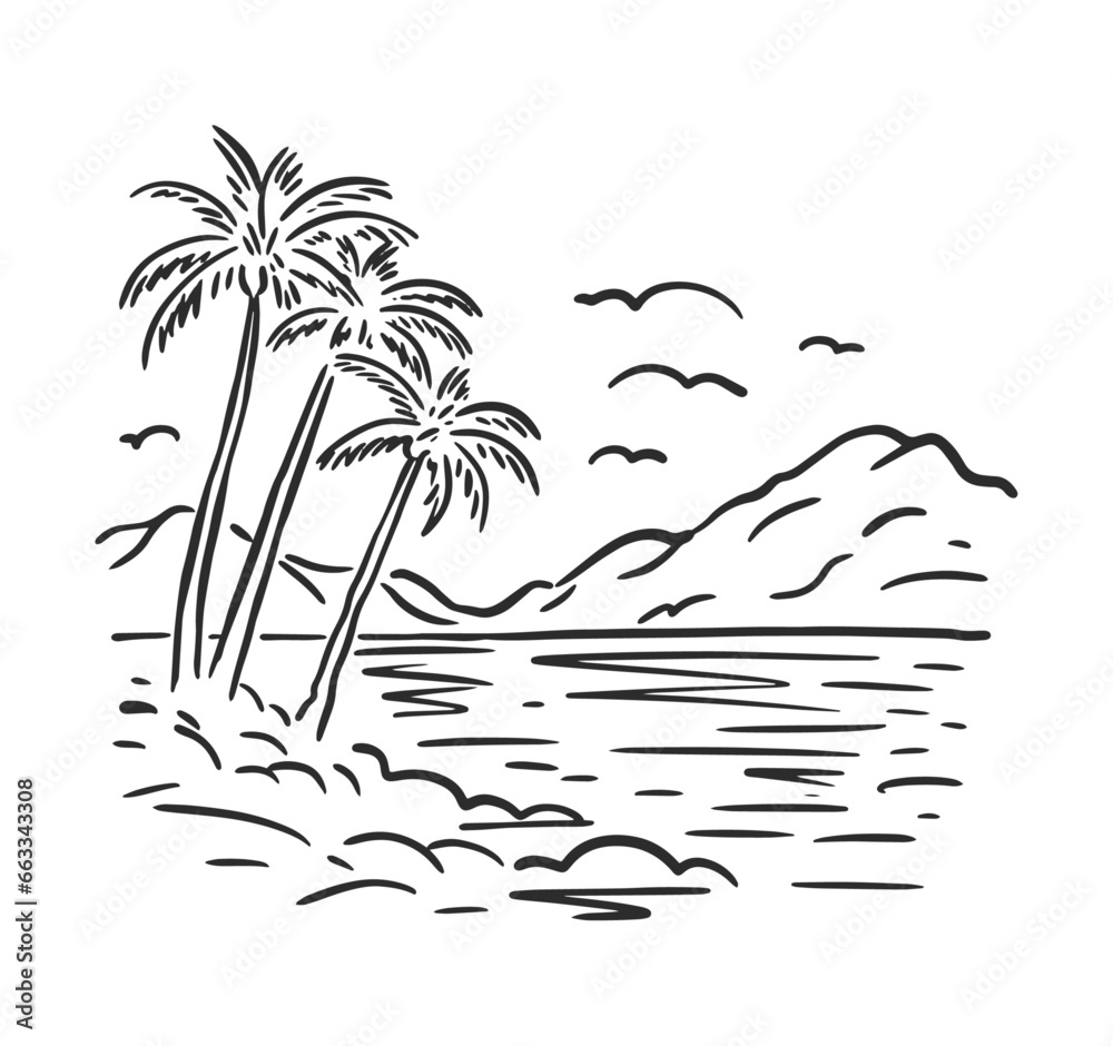 Panorama of the summer landscape. Tall palm trees against the backdrop of mountains and sea and clouds. Vector linear illustration