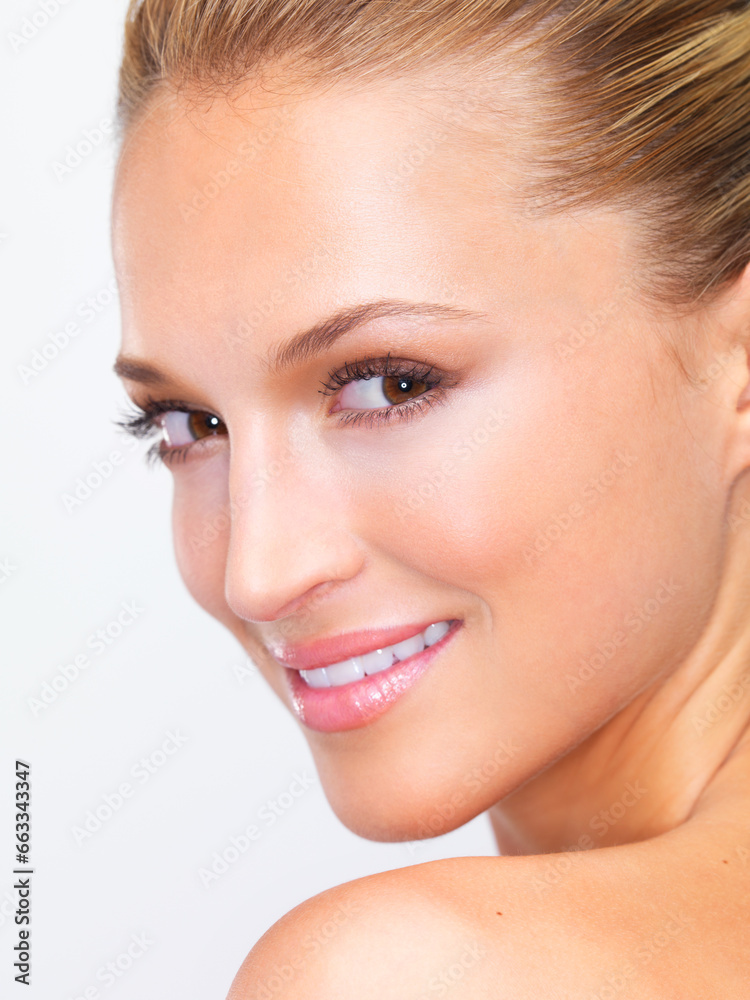 Beauty, woman and happy portrait with white background, cosmetics and makeup in studio. Confidence, skincare and female model with skin glow and wellness from facial treatment and clean dermatology Beauty, woman and happy portrait with white background, cosmetics and makeup in studio. Confidence, skincare and female model with skin glow and wellness from facial treatment and clean dermatology