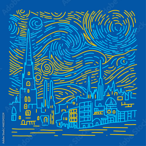Glowing yellow stars and blue sky with city. Abstract linear background. Vector pattern in the style of impressionist paintings.
