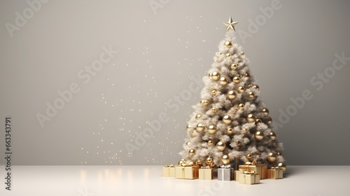  a white christmas tree with gold and silver presents under it.  generative ai