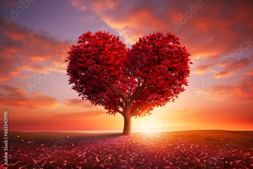 Tree of love. Red heart shaped tree landscape. Valentine's Day background.