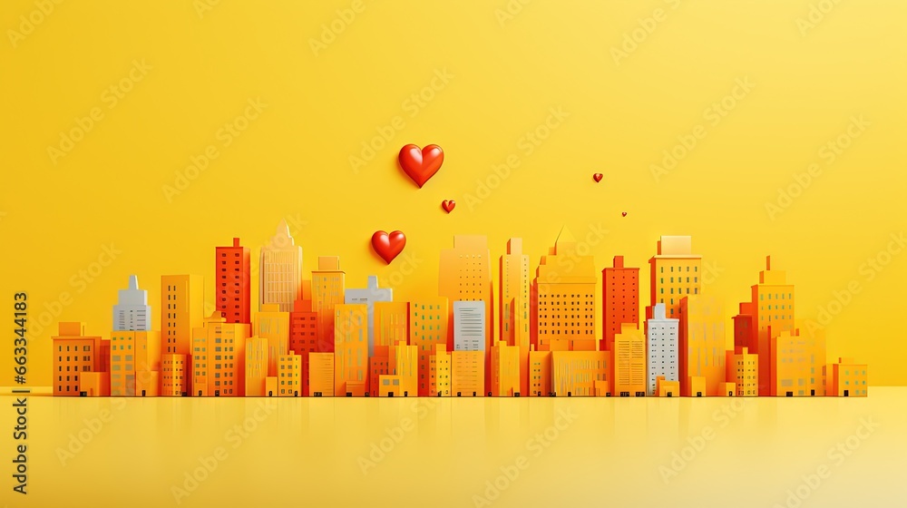  a city with lots of buildings and hearts floating in the air.  generative ai