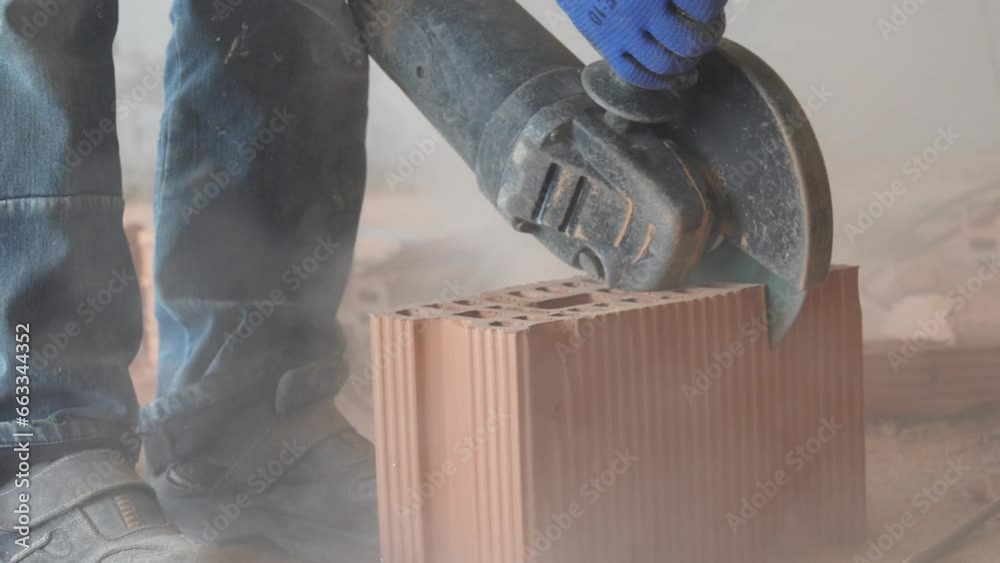 A worker skillfully operates an electric saw, precisely cutting through bricks using a grinder. Industrial productivity in action, close-up.