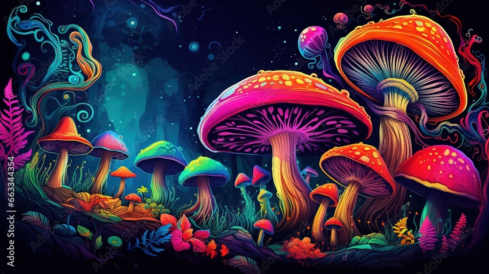  a painting of a group of mushrooms in a forest at night.  generative ai
