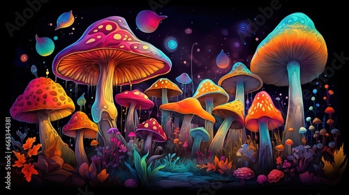  a painting of a group of mushrooms in a forest at night. generative ai