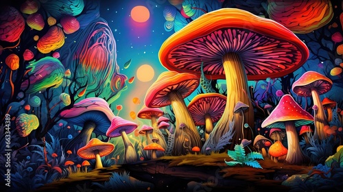  a painting of a group of mushrooms in a forest at night. generative ai