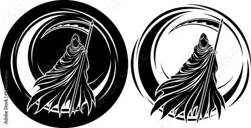 Grim Reaper dark gothic silhouette with moon. Tattoo, Halloween design and decor element. Highly detailed and neat lines for print or engraving