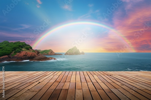A wooden tabletop harmonizes with a sea view and a rainbow