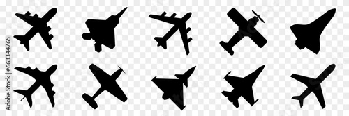 Black airplane icon collection. Set of black plane silhouette icon. Aircraft icons. Flight transport symbols