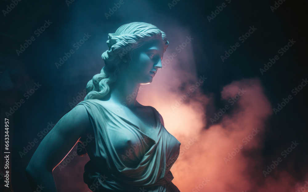 Ancient antique statue of female person in mystical neon glow haze, gloomy dark background, beautiful statue of young adult woman in aura of beauty and mystery shrouded in enigma Ancient antique statue of female person in mystical neon glow haze, gloomy dark background, beautiful statue of young adult woman in aura of beauty and mystery shrouded in enigma